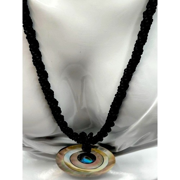 Handmade Black Beaded Necklace With Abalone Shell Pendant.  A34 - Picture 3 of 7